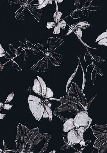 Schwarzer Viskosestoff mit grau-/braun-/weißem Blumenprint