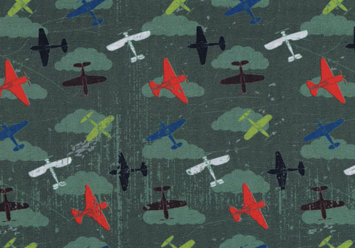 Khakifarbiger Baumwolljersey mit bunten Flugzeugen