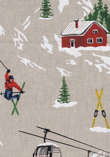 Naturfarbiger Dekostoff mit Berghütte, Skifahrer und Gondeln