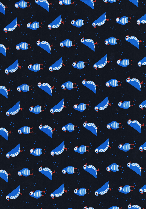 Dunkelblauer  Baumwolljersey mit petrolfarbenen Wasservögeln